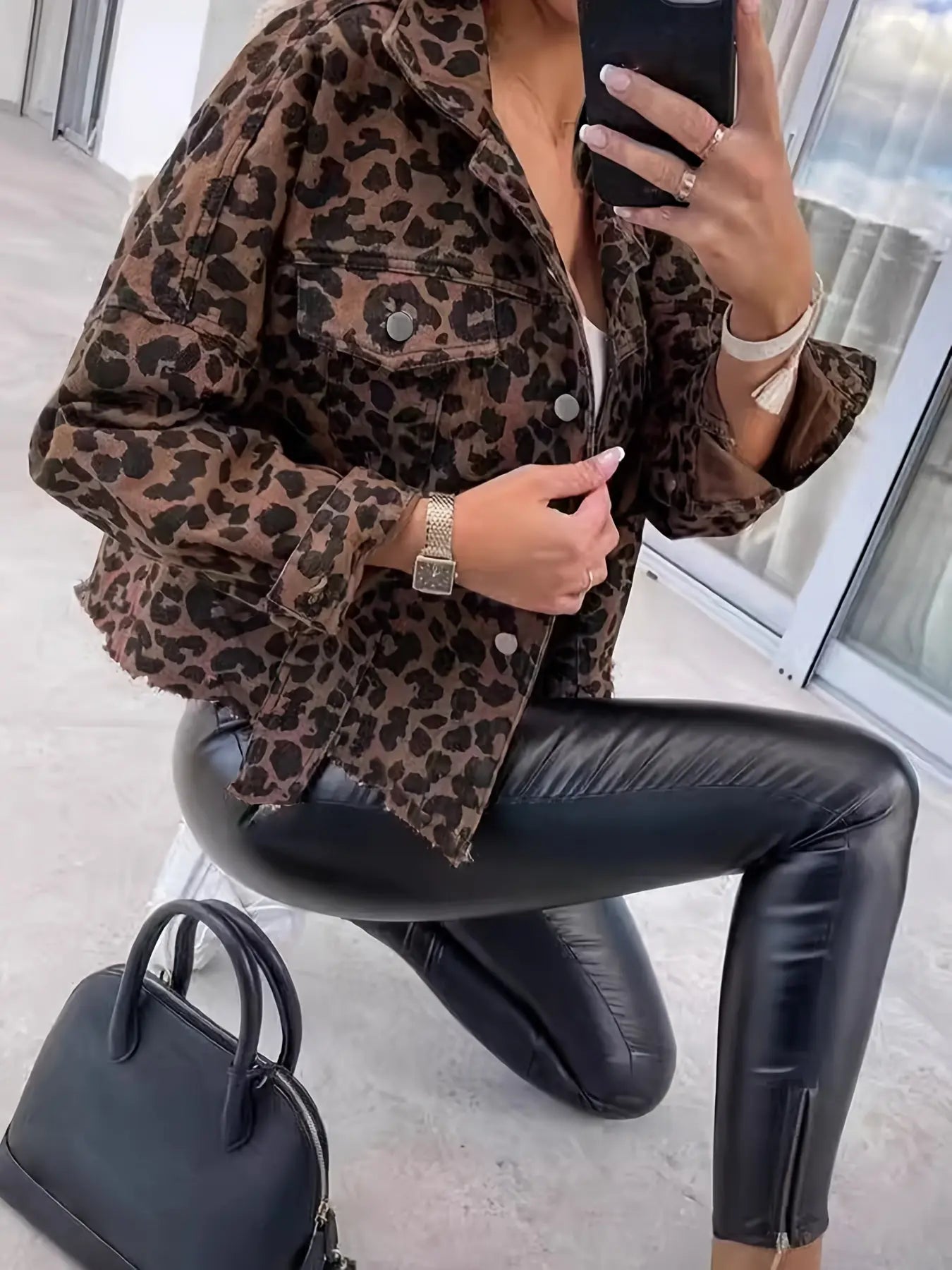 Spring And Autumn Casual Leopard Print Denim Jacket Short Loose Long-sleeved Jacket MyFave Boutique