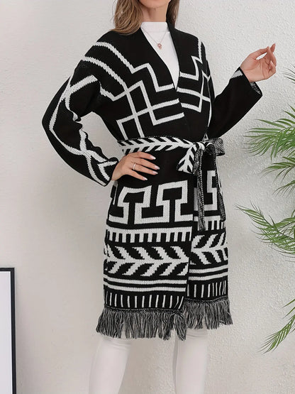 Geo Pattern Open Front Belted Cardigan, Vintage Long Sleeve Tassel Trim Outerwear, Women's Clothing MyFave Boutique