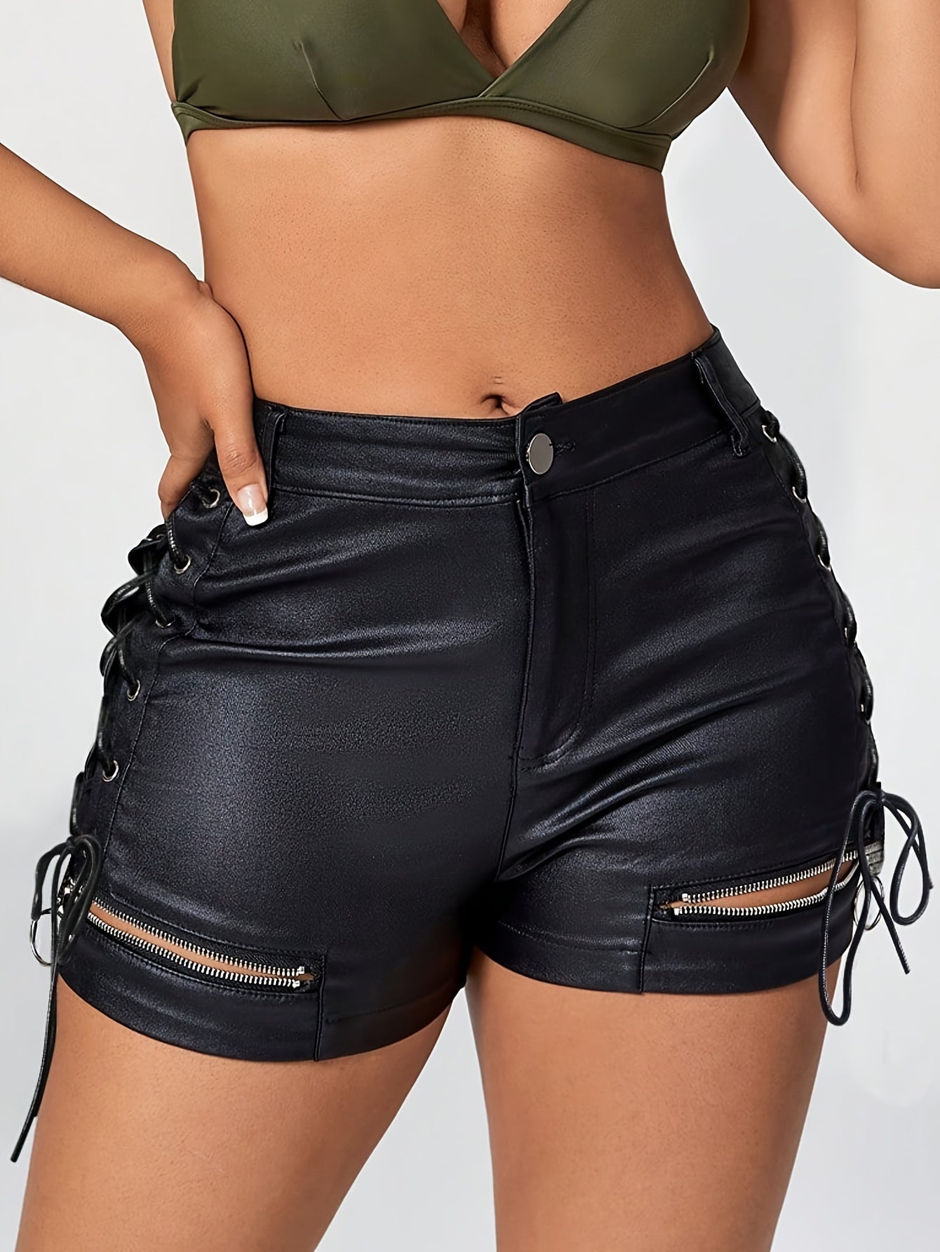 Faux Leather Strappy Slim Shorts, Stylish High Waist Zipper Cut Out Shorts For Spring & Summer, Women's Clothing MyFave Boutique