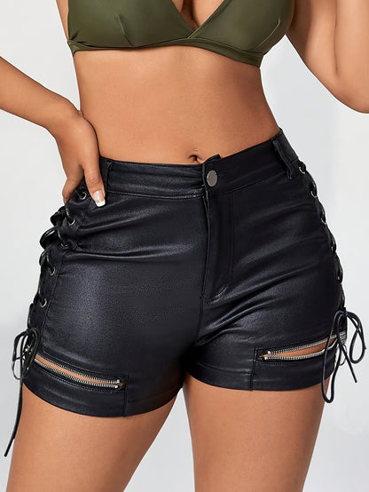 Faux Leather Strappy Slim Shorts, Stylish High Waist Zipper Cut Out Shorts For Spring & Summer, Women's Clothing MyFave Boutique