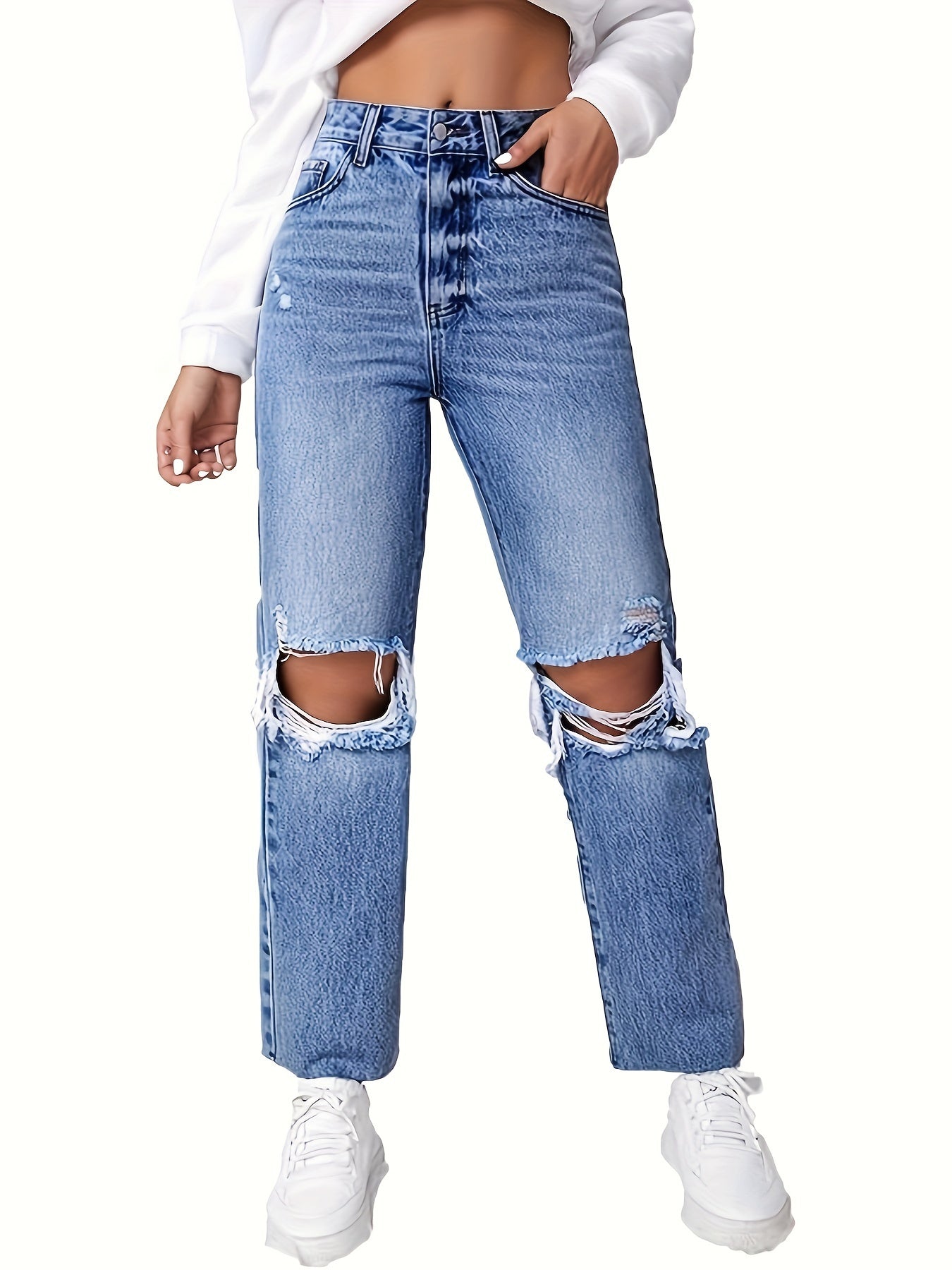 Women's High Waist Ripped Distressed Cropped Jeans Straight Leg Denim Pants MyFave Boutique