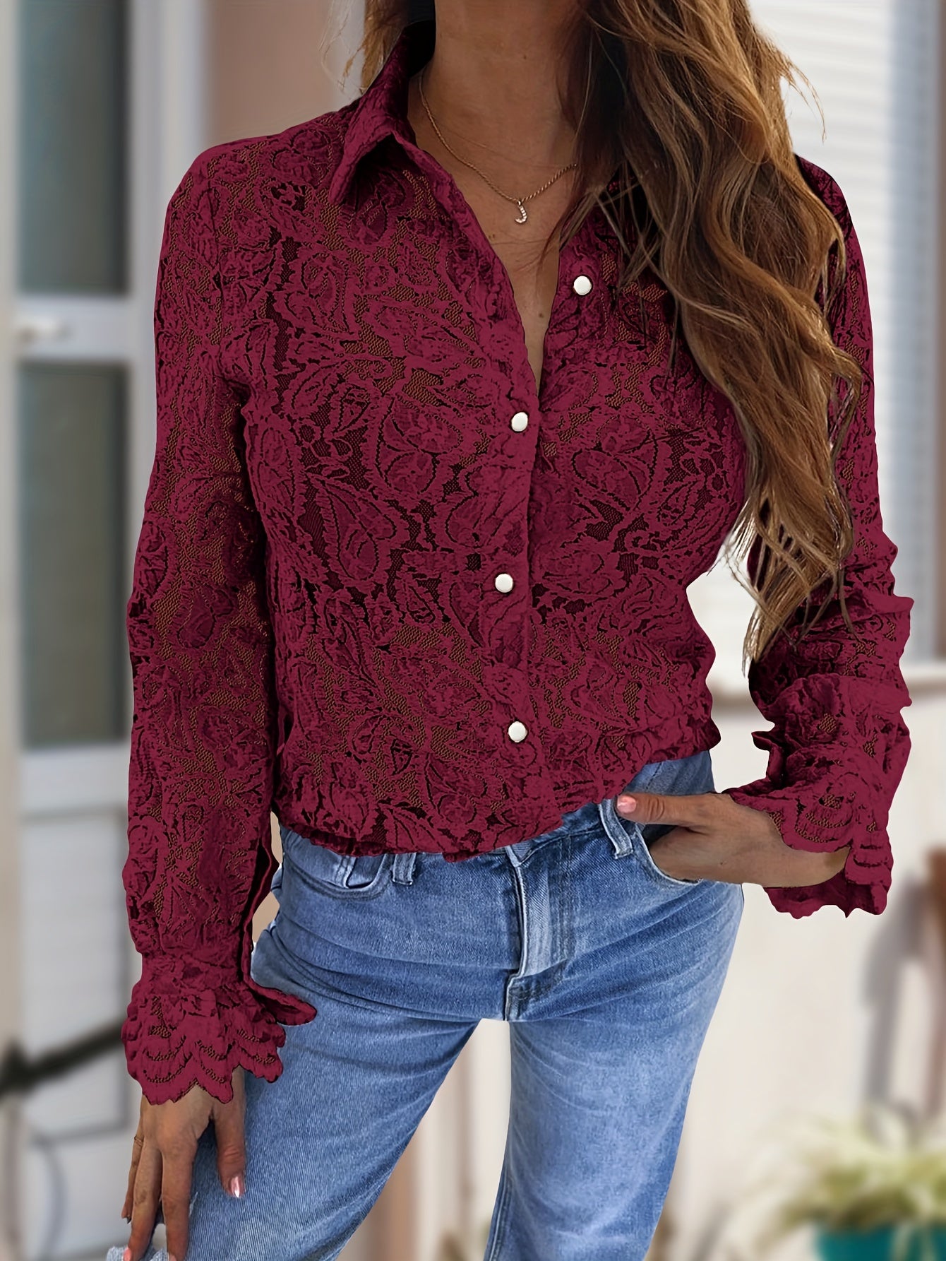 Floral Lace Button Up Semi-sheer Shirt, Elegant Long Sleeve Collared Shirt For Spring & Summer, Women's Clothing MyFave Boutique