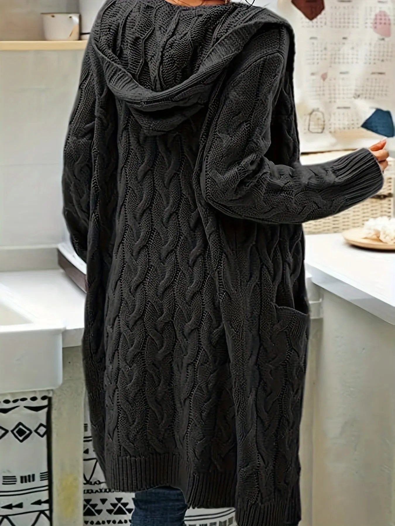 Women Hooded Open Front Cardigan Cable Knit Sweaters Solid Color Chunky Long Sweater Coats MyFave Boutique