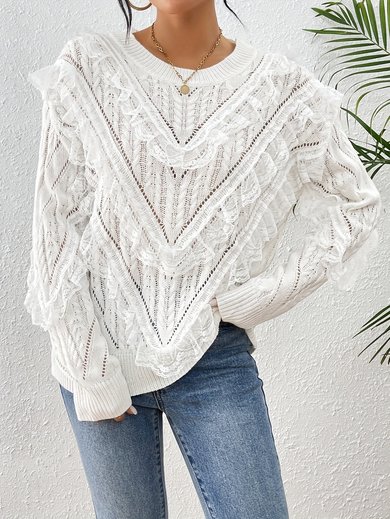 Solid Lace Trim Knitted Sweater, Elegant Long Sleeve Eyelet Pullover Sweater, Women's Clothing MyFave Boutique