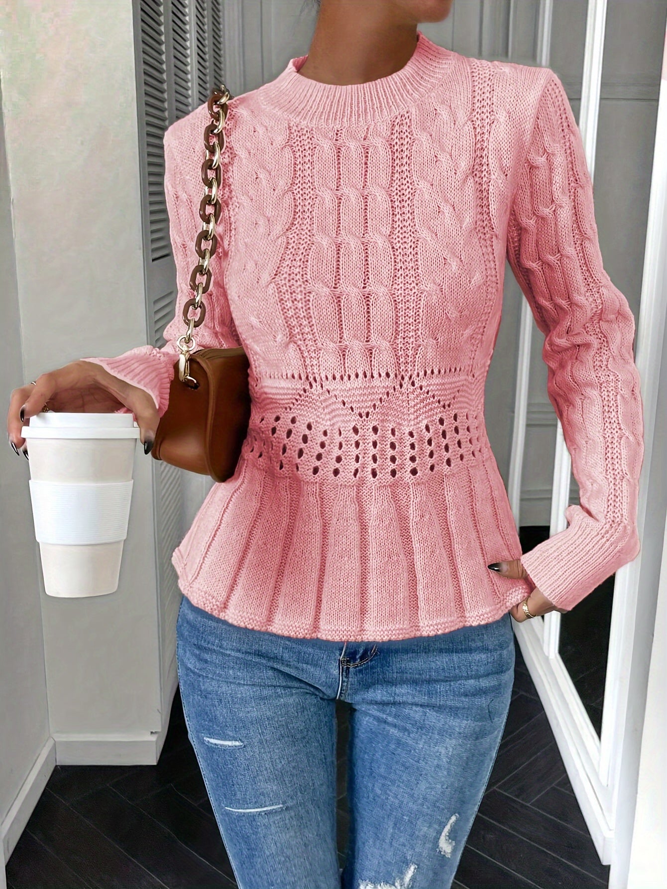 Women's Solid Cable Knit Crew Neck Sweater - Warm and Stylish for Fall and Winter MyFave Boutique