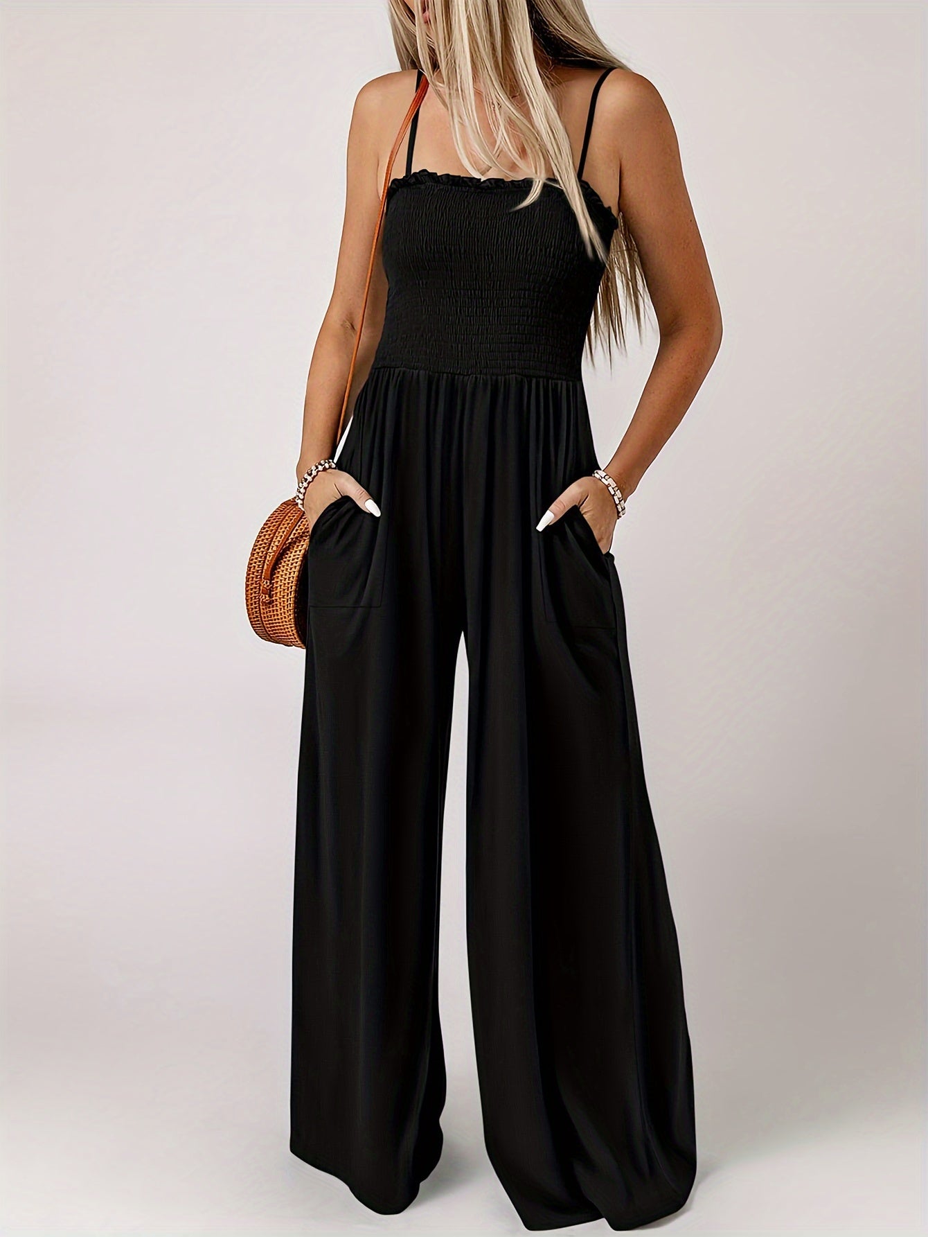 Solid Color Wide Leg Jumpsuit, Casual Spaghetti Strap Sleeveless Slant Pockets Jumpsuit For Spring & Summer, Women's Clothing MyFave Boutique