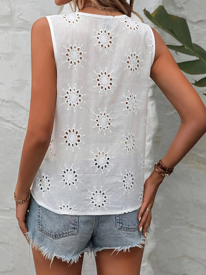 Eyelet V-Neck Button Detail Sleeveless Blouse for Women, Spring/Summer Casual Top MyFave Boutique