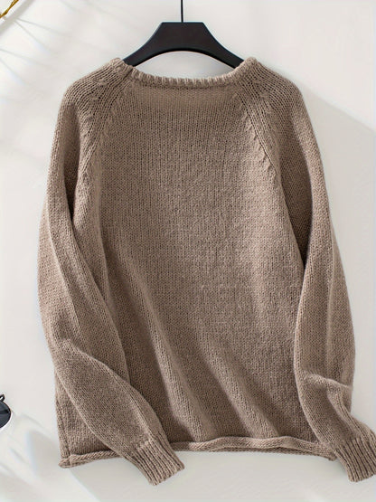 Raglan Sleeve Crew Neck Sweater, Casual Solid Color Long Sleeve Sweater For Fall & Winter, Women's Clothing MyFave Boutique