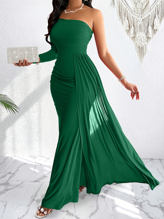 One Shoulder Asymmetrical Flowy Dress, Elegant Ruched Maxi Dress For Party & Banquet, Women's Clothing MyFave Boutique