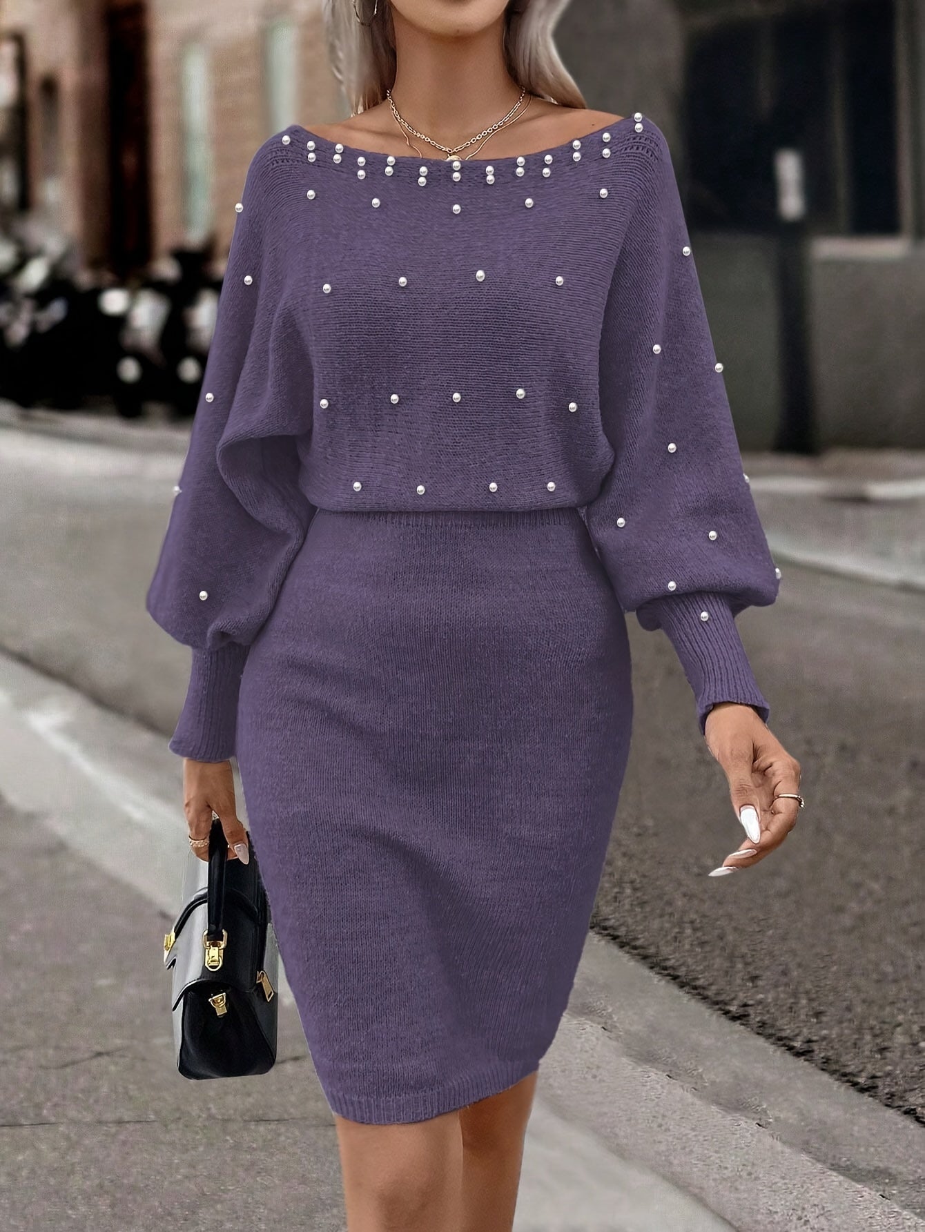 Beaded Boat Neck Bodycon Sweater Dress, Elegant Lantern Sleeve Dress For Spring & Summer, Women's Clothing MyFave Boutique