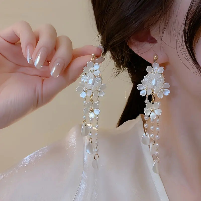 Elegant White Flower And Faux Pearl Tassel Dangle Earrings, Accessory For Daily Wear And Special Occasions MyFave Boutique