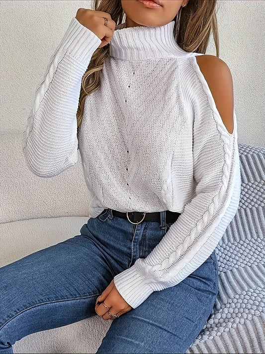 Solid Color Mock Neck Sweater, Elegant Solid Color Pointelle Knit Long Sleeve Sweater For Fall & Winter, Women's Clothing MyFave Boutique