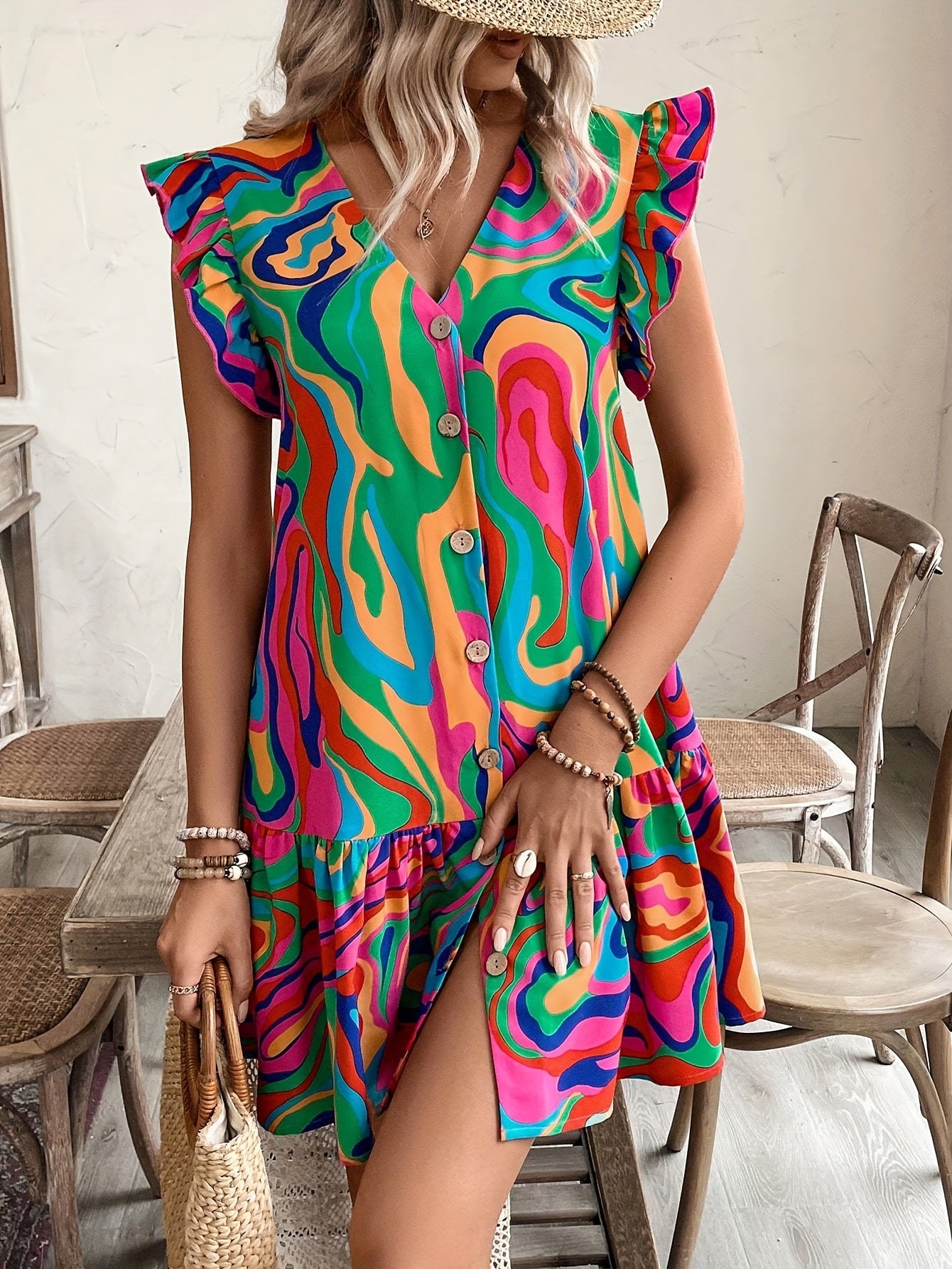 Colorful Print Button Front Dress, Elegant V Neck Flutter Sleeve Ruffle Hem Vacation Dress For Summer & Spring, Women's Clothing MyFave Boutique