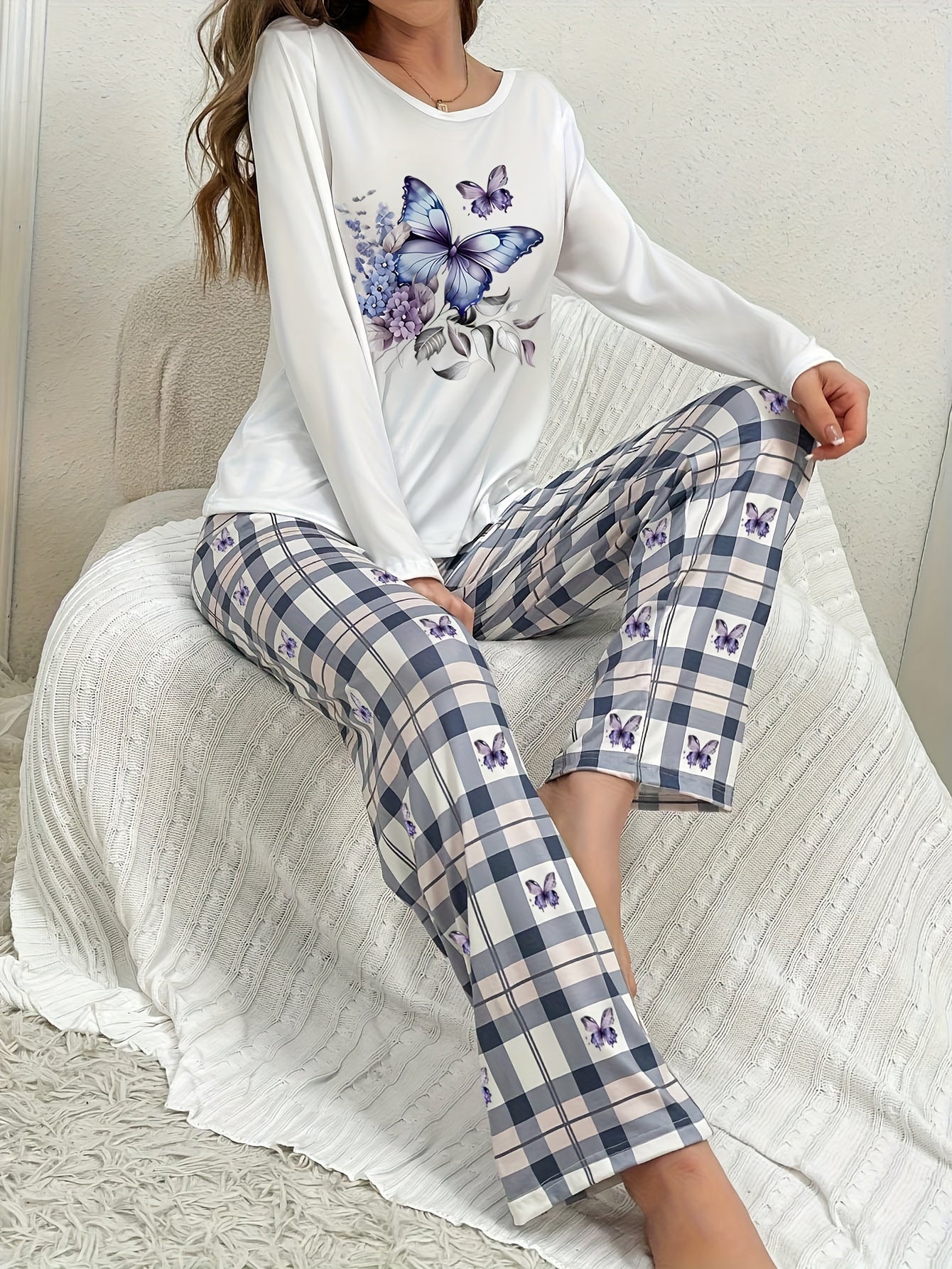 Women's Fall/Winter Casual Pajama Set with Butterfly Print - Crew Neck Long Sleeve Top and Plaid Long Pants - Comfortable Loose Fit, Polyester Knit Fabric with Elastane, Adult Sleepwear MyFave Boutique