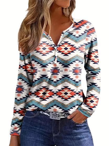 Womens Long Sleeve T Shirts Aztec Western Henley Tops Ladies Graphic Tees Casual V Neck Loose Fit Blouse MyFave Boutique