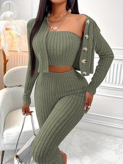 Casual Three Piece Set, Strapless Crop Tube Top, High Waist Skinny Leggings & Single Breasted Long Sleeve Cardigan, Women's Clothing MyFave Boutique