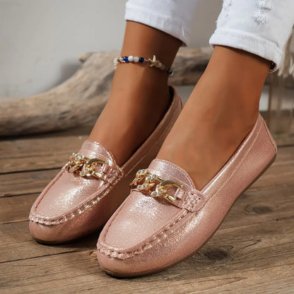 Women's Metallic Buckle Decor Loafers, Round Toe Slip On Flat Shoes, Fashion Comfortable Low Top Flats MyFave Boutique