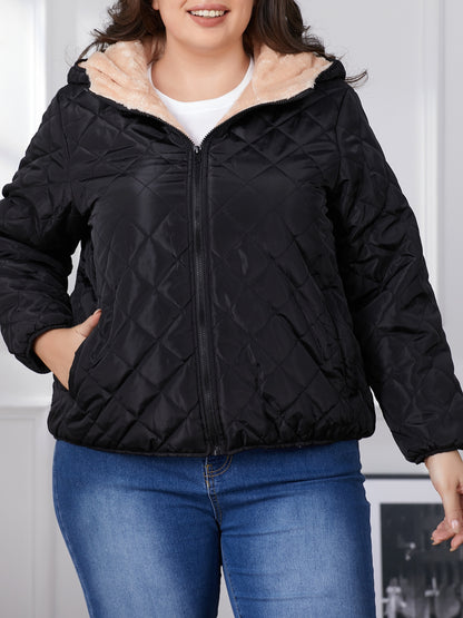 Plus Size Color Block Quilted Pocket Coat, Casual Fuzzy Hooded Long Sleeve Full Zipper Coat For Winter, Women's Plus Size Clothing MyFave Boutique