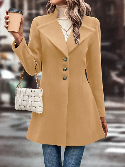 Classic Solid Single Button Lapel Overcoat for Women, Long Sleeve Winter Warmth MyFave Boutique