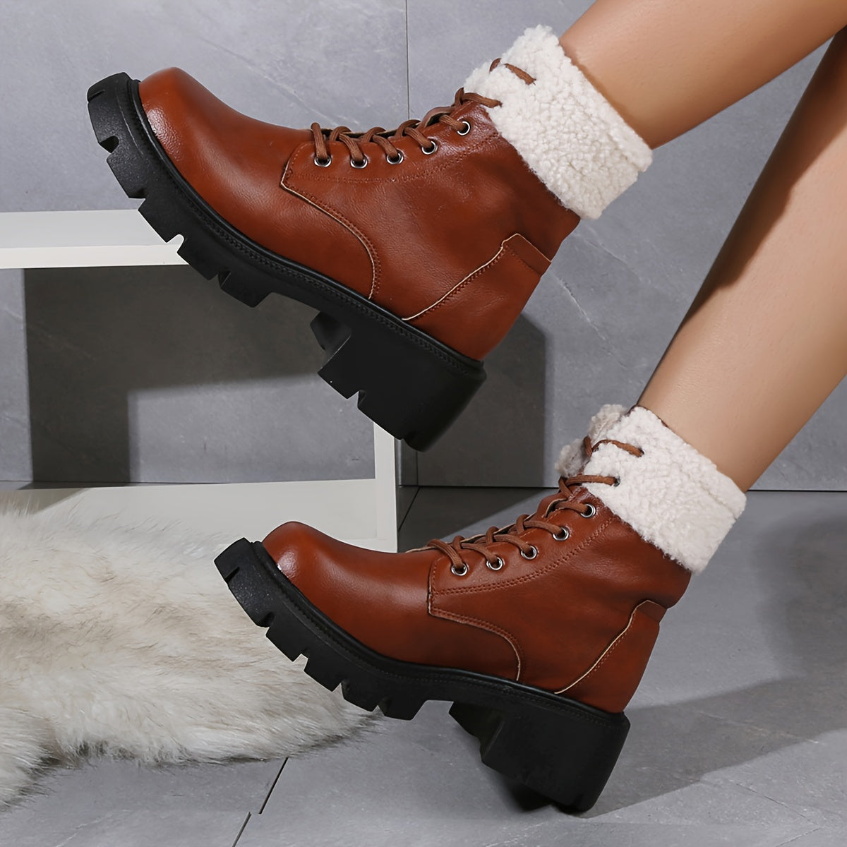 Women's Chunky Heel Combat Boots, Fashion Lace Up Plush Lined Boots, Comfortable Winter Boots MyFave Boutique