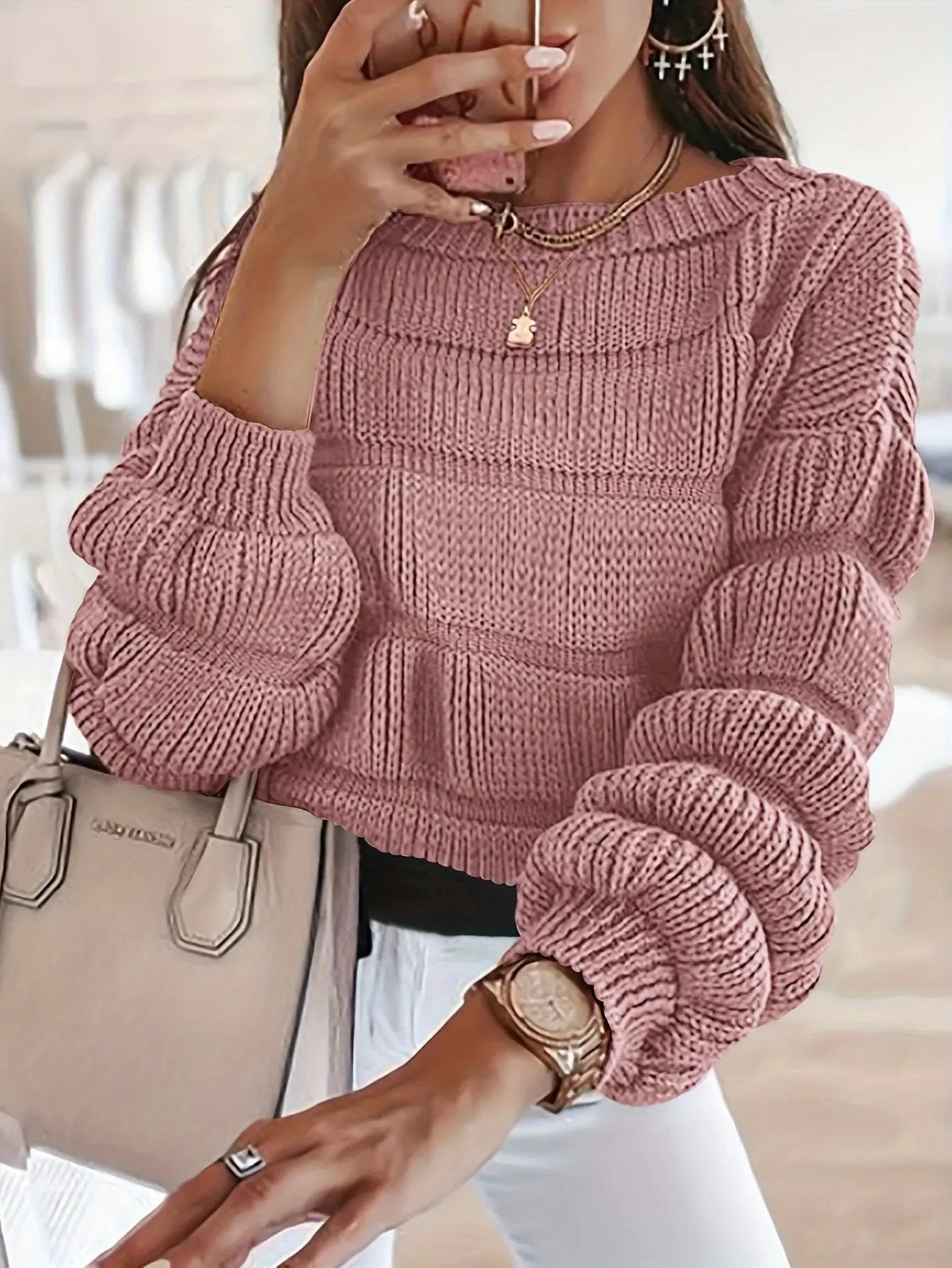 Women's 2024 Fall Sweaters Casual Crew Neck Pullover Long Puff Sleeve Loose Plain Chunky Knit Cute Blouse Tops MyFave Boutique