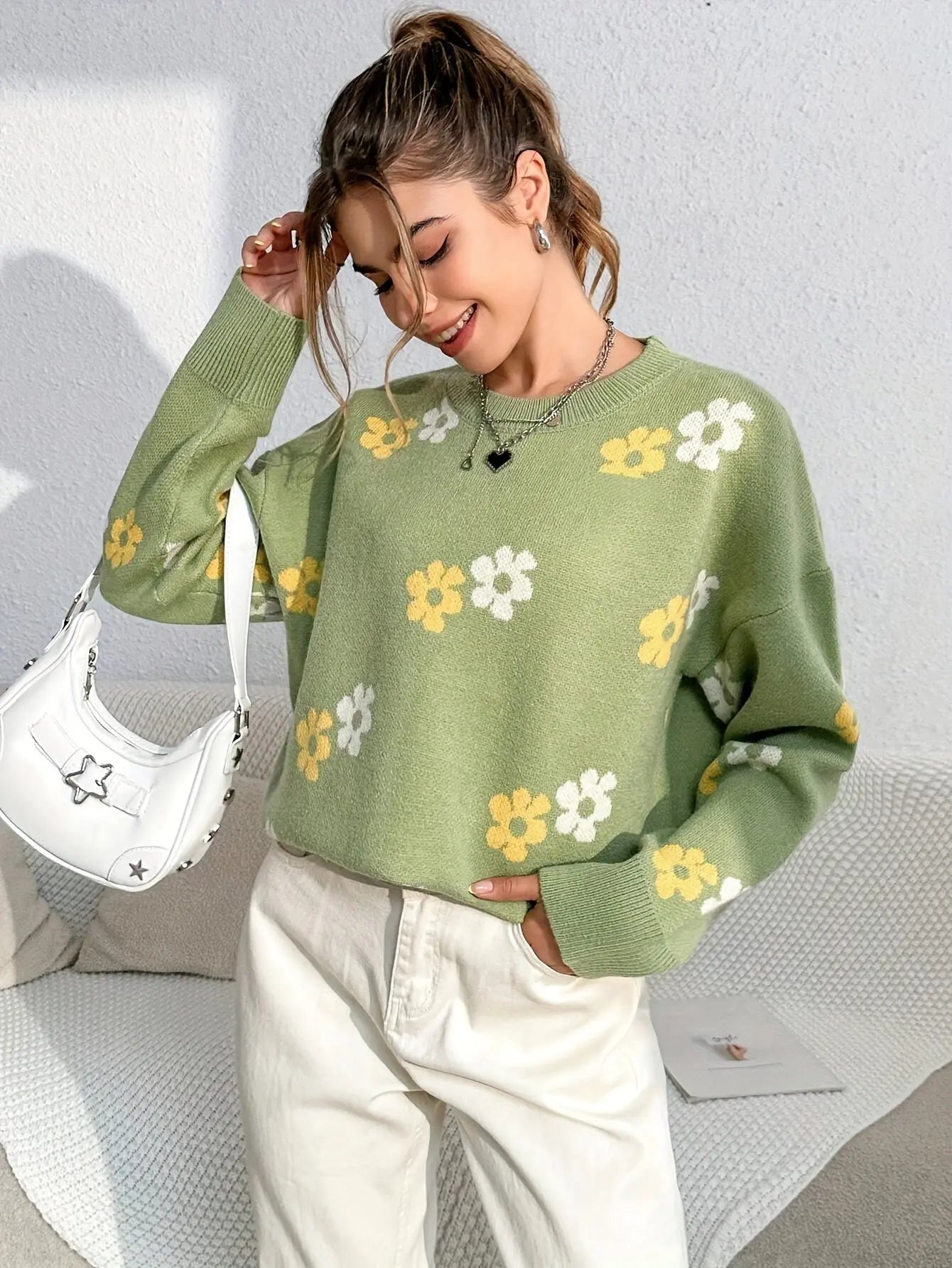 Floral Pattern Crew Neck Knitted Sweater, Casual Long Sleeve Pullover Sweater For Fall & Winter, Women's Clothing MyFave Boutique