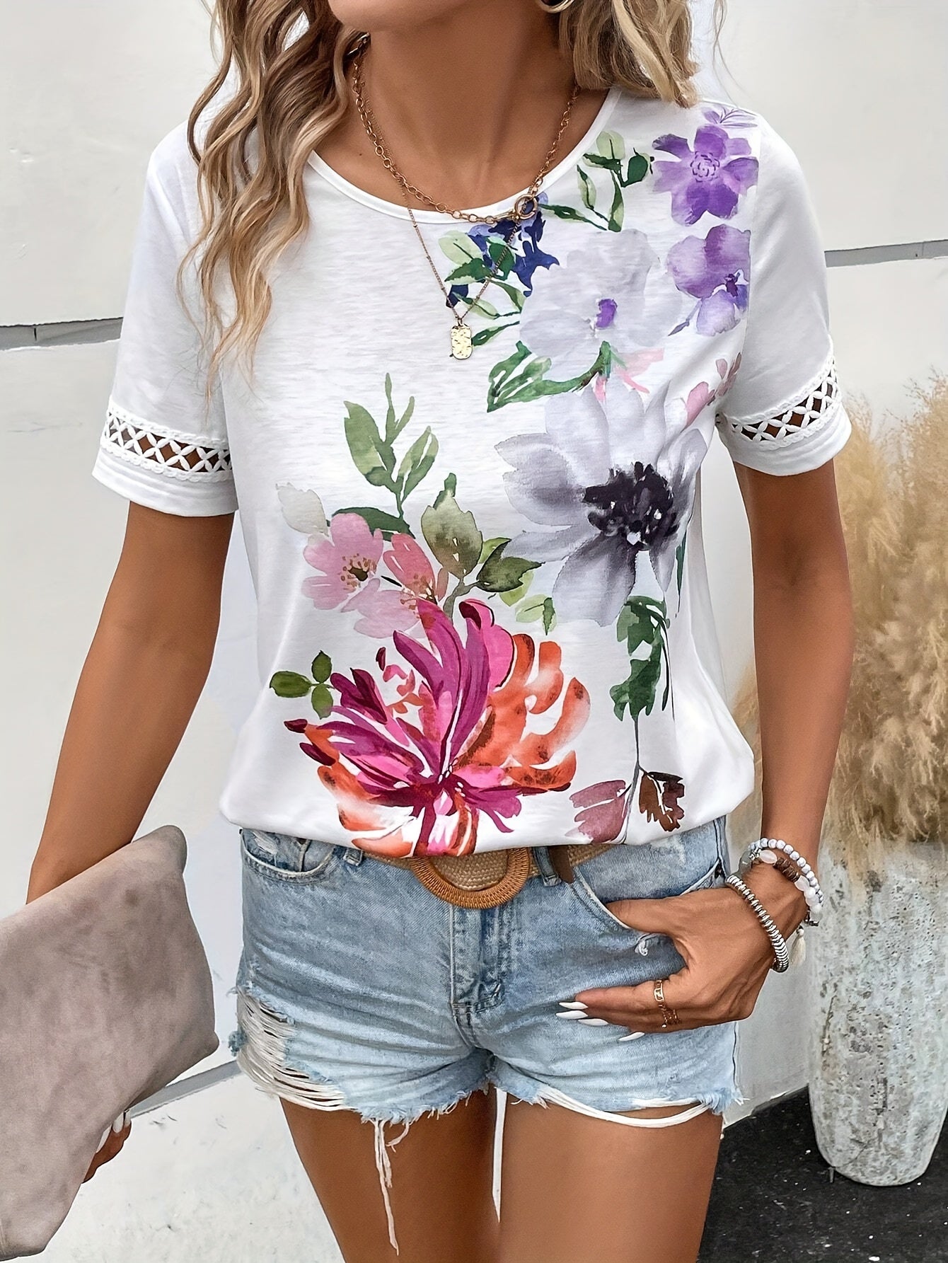 Floral Print Crew Neck T-shirt: A stylish and comfortable blouse for women's casual wear in spring and summer, featuring a trendy cut-out short sleeve design. MyFave Boutique