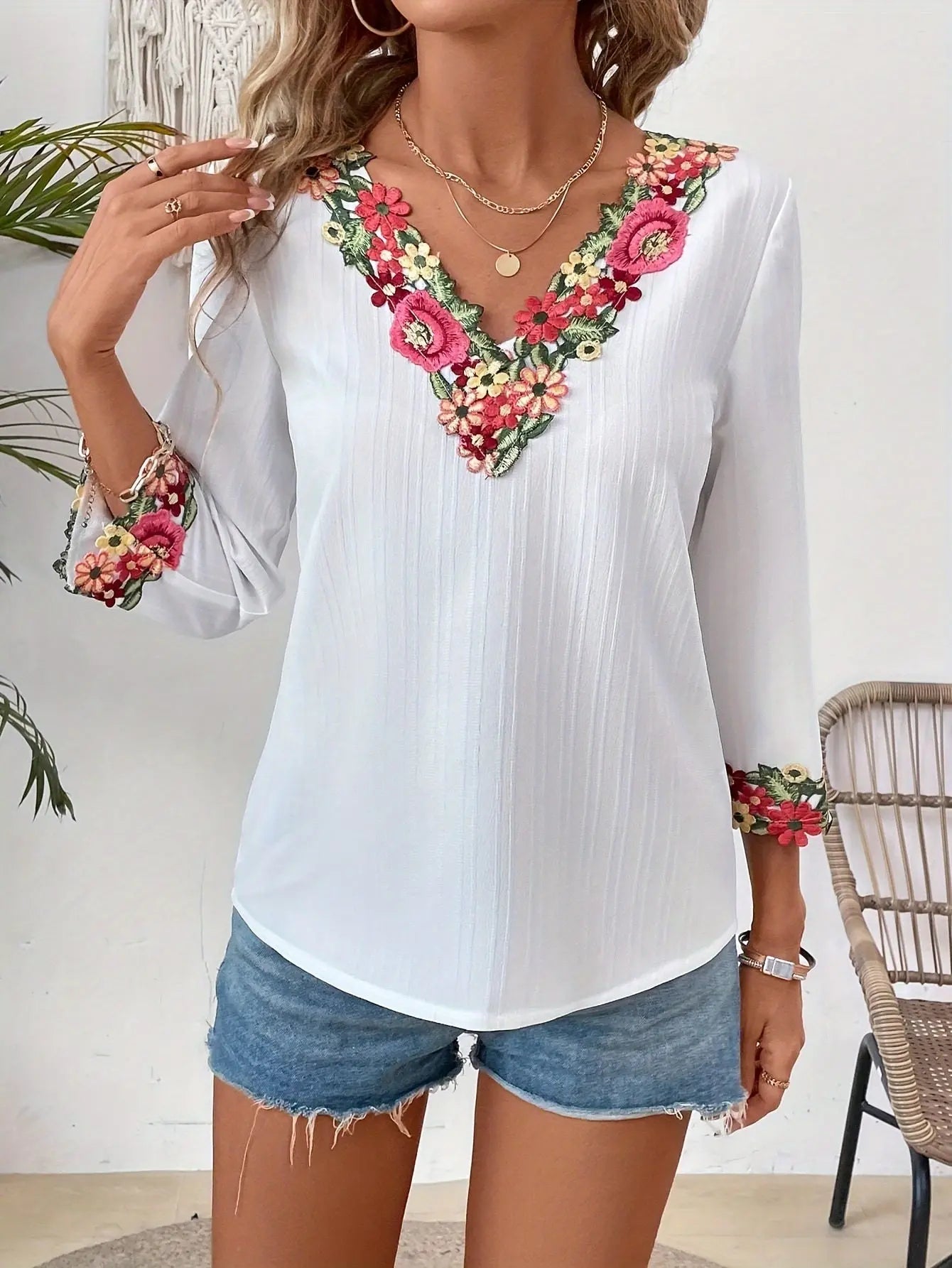 Floral Embroidered V-Neck 3/4 Sleeve Blouse for Women, Spring & Summer Elegant Blouse MyFave Boutique