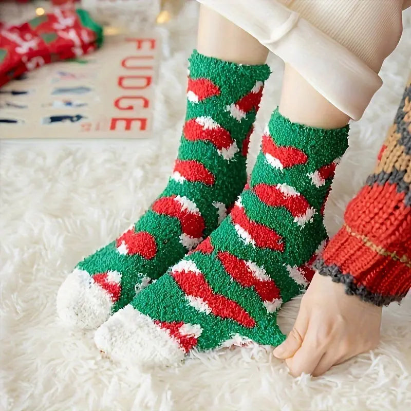 20pcs Cozy Coral Fleece Christmas Socks for Women - Cute & Warm Mid-Calf with Festive Reindeer & Santa Designs, Perfect for Holiday Gifting MyFave Boutique