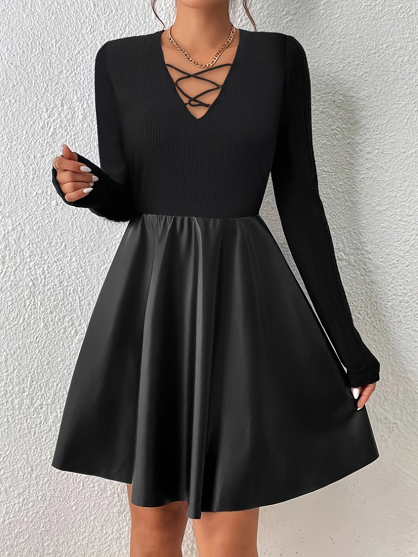 Solid Criss Cross Faux Leather Splicing Dress, Vintage Long Sleeve Aline Swing Dress For Spring & Fall, Women's Clothing MyFave Boutique