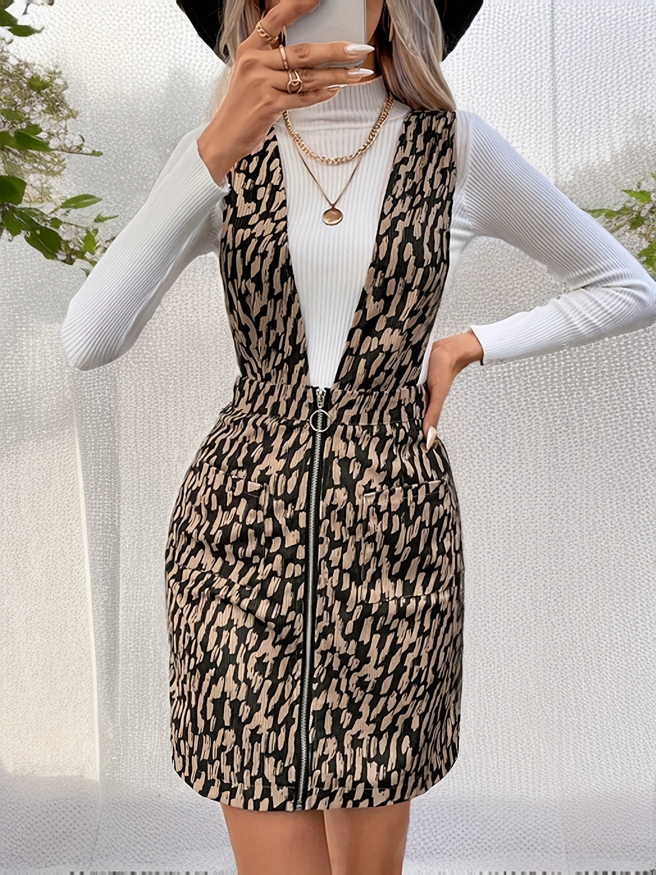 Leopard Print Suspender Skirt, Elegant Zipper Front Slim Mini Skirt For Spring & Fall, Women's Clothing MyFave Boutique