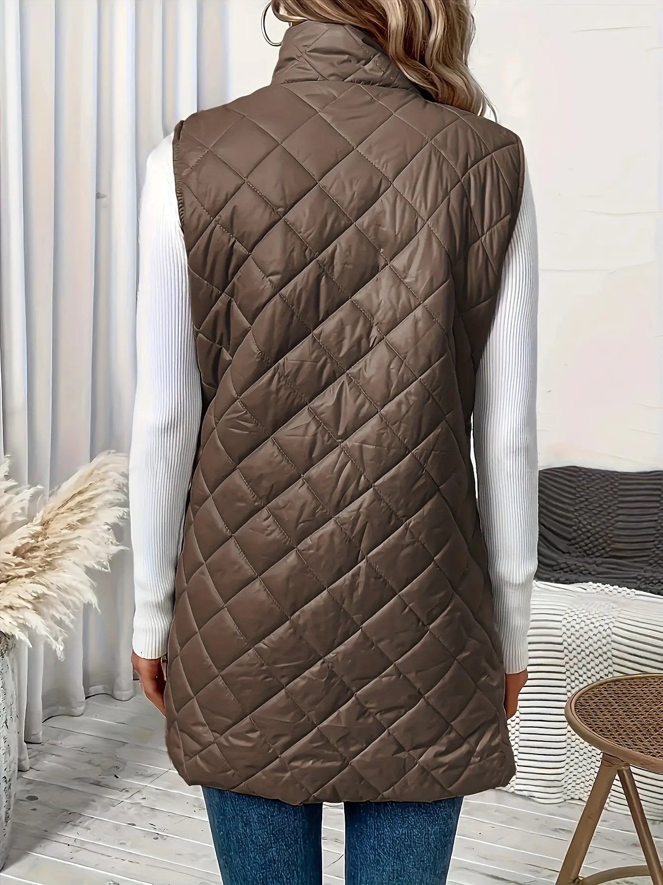 Quilted Zip Up Fluffy Vest Jacket, Casual Sleeveless Warm Gilet Jacket For Fall & Winter, Women's Clothing MyFave Boutique