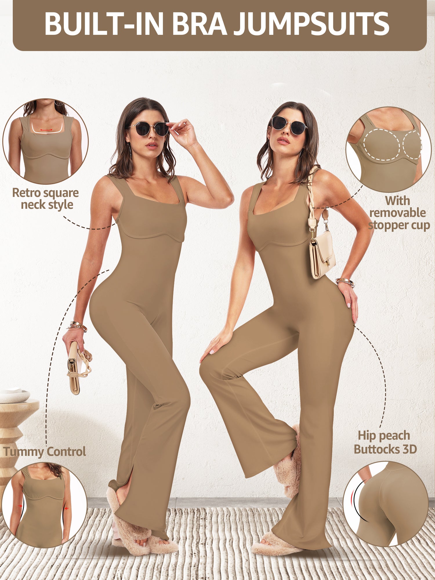 UNIQUEBELLA Workout Flare Jumpsuit for Women Built-in Bra Sleeveless Romper Square Neck Tank Top Unitard Gym Yoga Jumpsuit MyFave Boutique