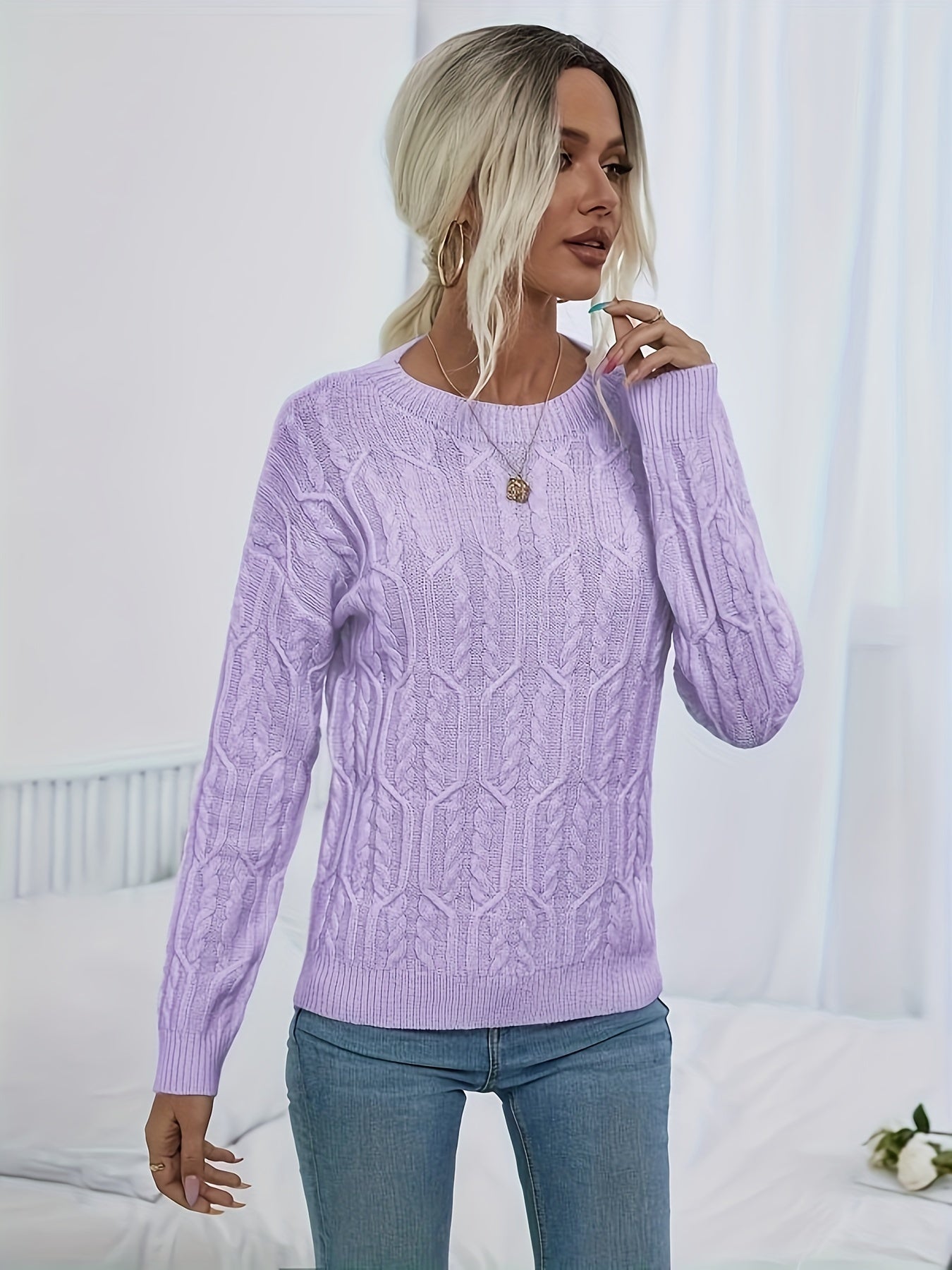 Solid Cable Knit Slouchy Sweater, Elegant Long Sleeve Crew Neck Drop Shoulder Knitted Pullover, Women's Clothing MyFave Boutique