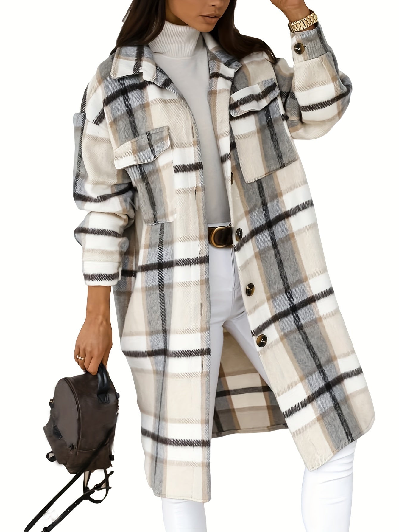 Women's Lounge Lapel Button Up Long Sleeve Plaid Long Shirt Jacket Shacket MyFave Boutique