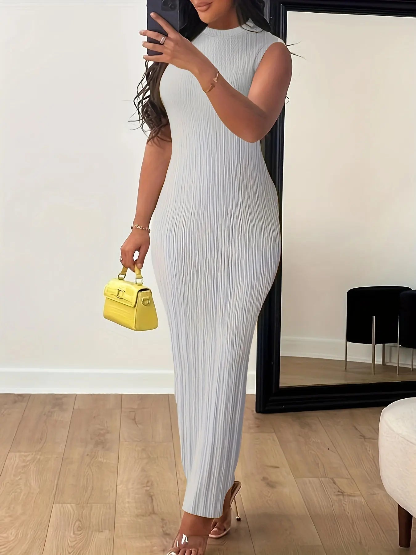 Solid Sleeveless Dress, Casual Crew Neck Bodycon Maxi Dress, Women's Clothing MyFave Boutique