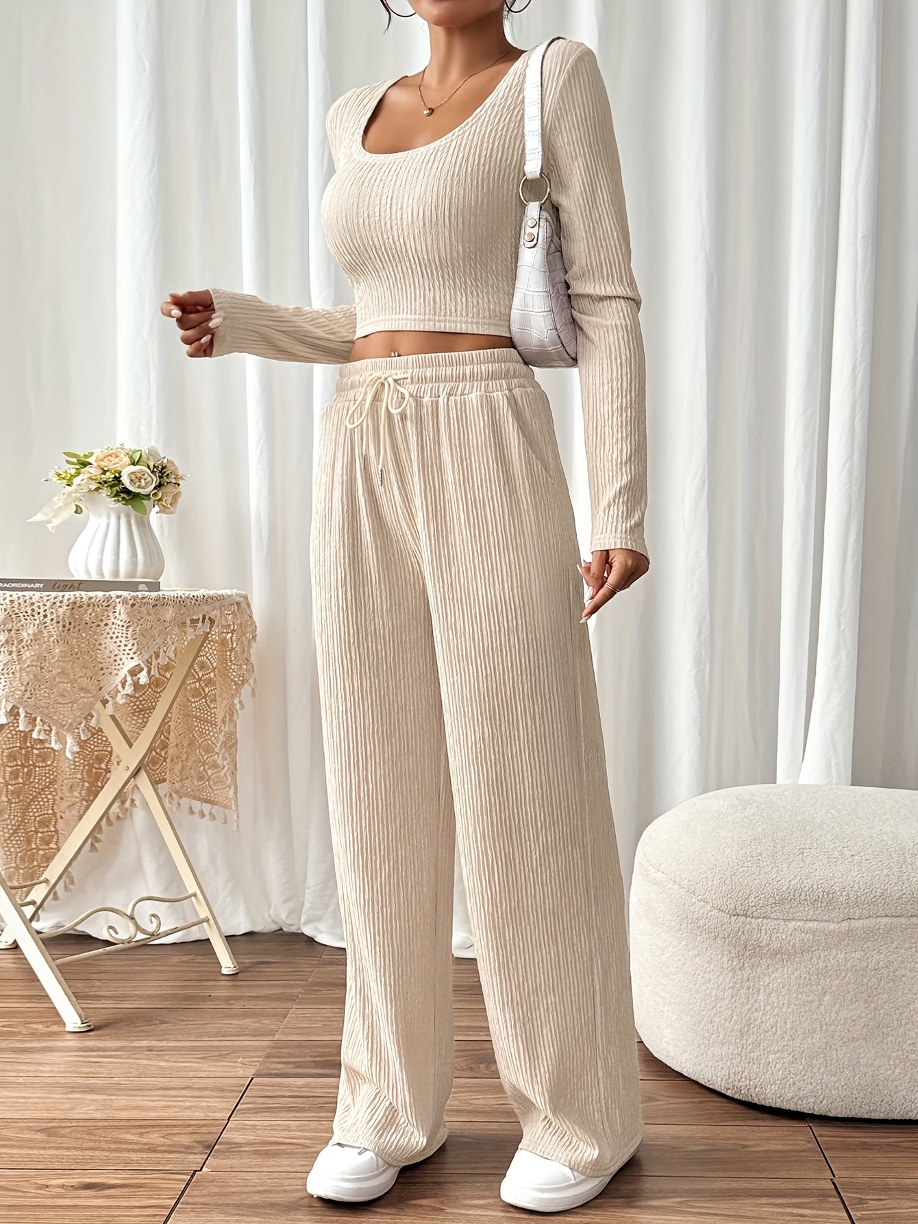 Casual Textured Pants Set, Crew Neck Long Sleeve Crop Top & Drawstring Waist Loose Pants For Spring & Fall, Women's Clothing MyFave Boutique