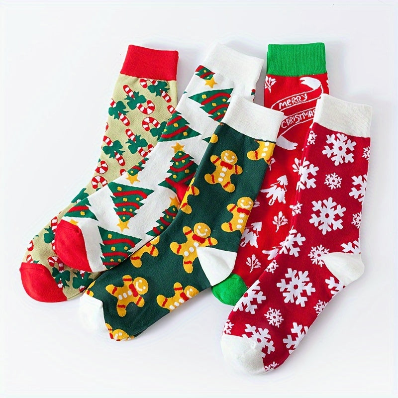 5 Pairs Christmas Pattern Socks, Casual Vintage Style Mid Tube Socks For Fall & Winter, Women's Stockings & Hosiery MyFave Boutique