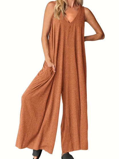 Solid Color Wide Leg Jumpsuit, Casual V Neck Sleeveless Loose Jumpsuit With Pocket, Women's Clothing MyFave Boutique