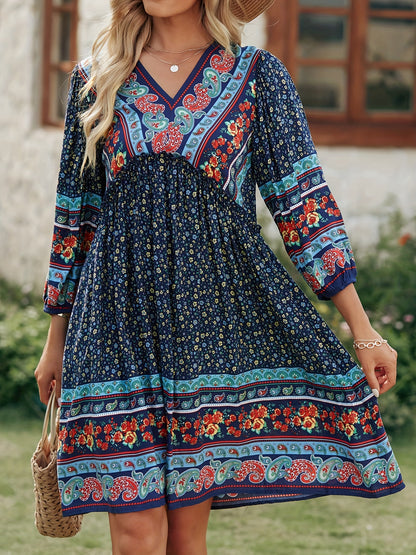 Floral Print V Neck A-line Dress, Casual Long Sleeve Dress For Spring & Fall, Women's Clothing MyFave Boutique