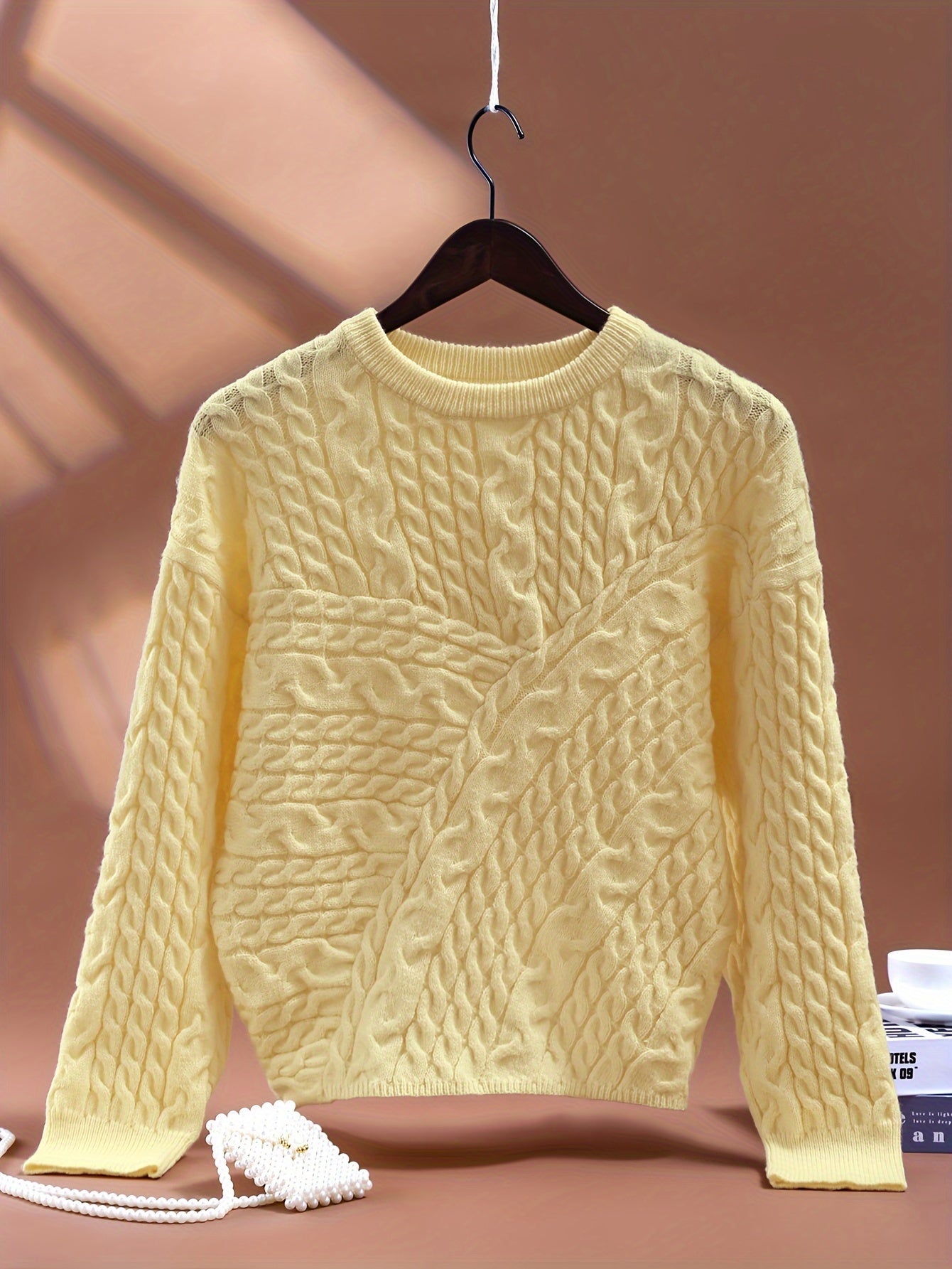 Cable Knit Crew Neck Sweater, Casual Solid Color Long Sleeve Sweater For Fall & Winter, Women's Clothing MyFave Boutique