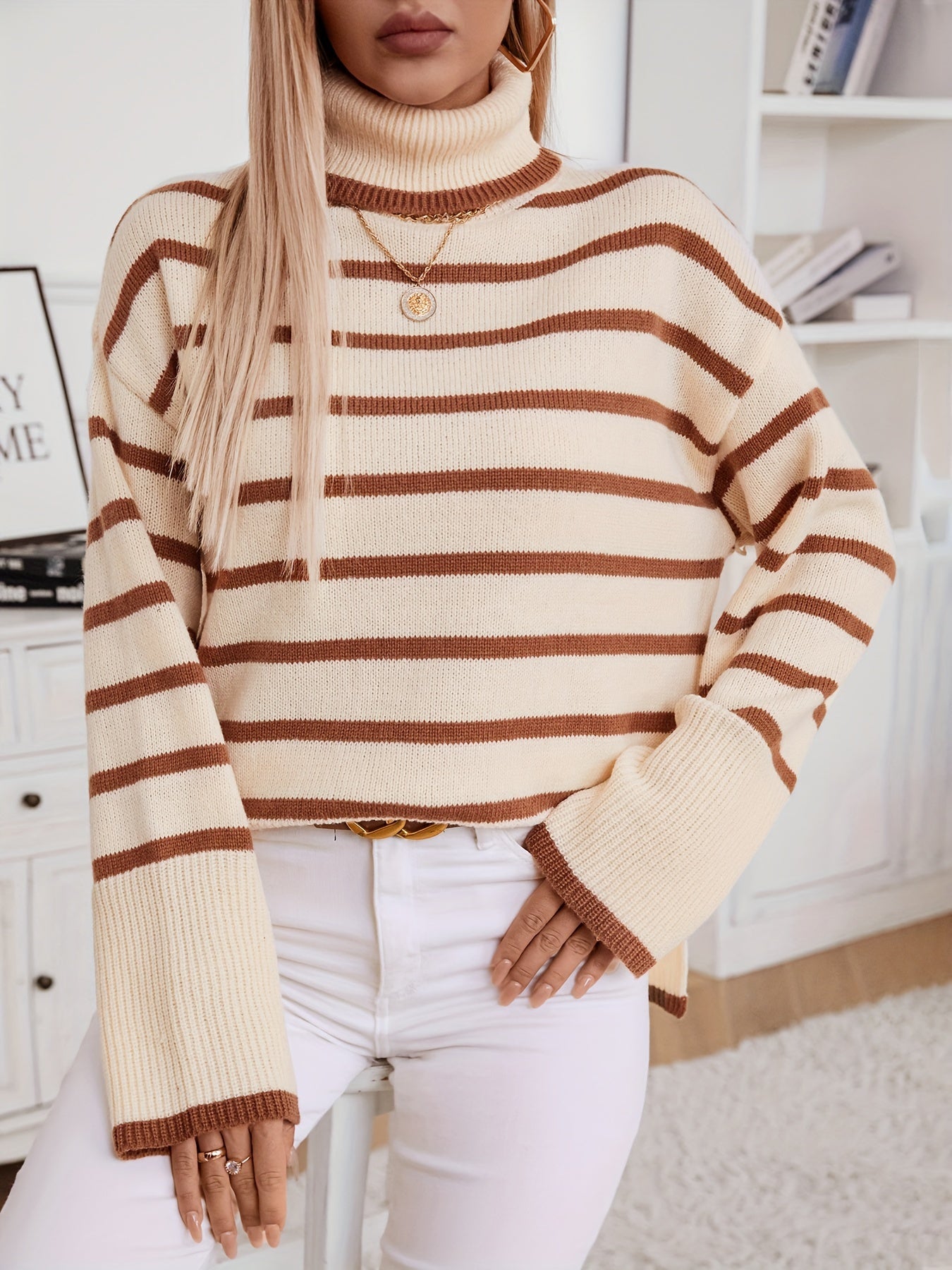 Chic Color Block Striped Turtleneck Sweater for Women - Casual Long Sleeve Knit Top, Perfect for Fall/Winter MyFave Boutique