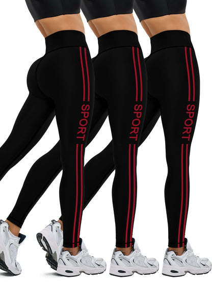 3-Pack Women's High-Waist Sport Leggings, Striped, Letter Print, Stretch, Gym, Fitness, Yoga Pants MyFave Boutique