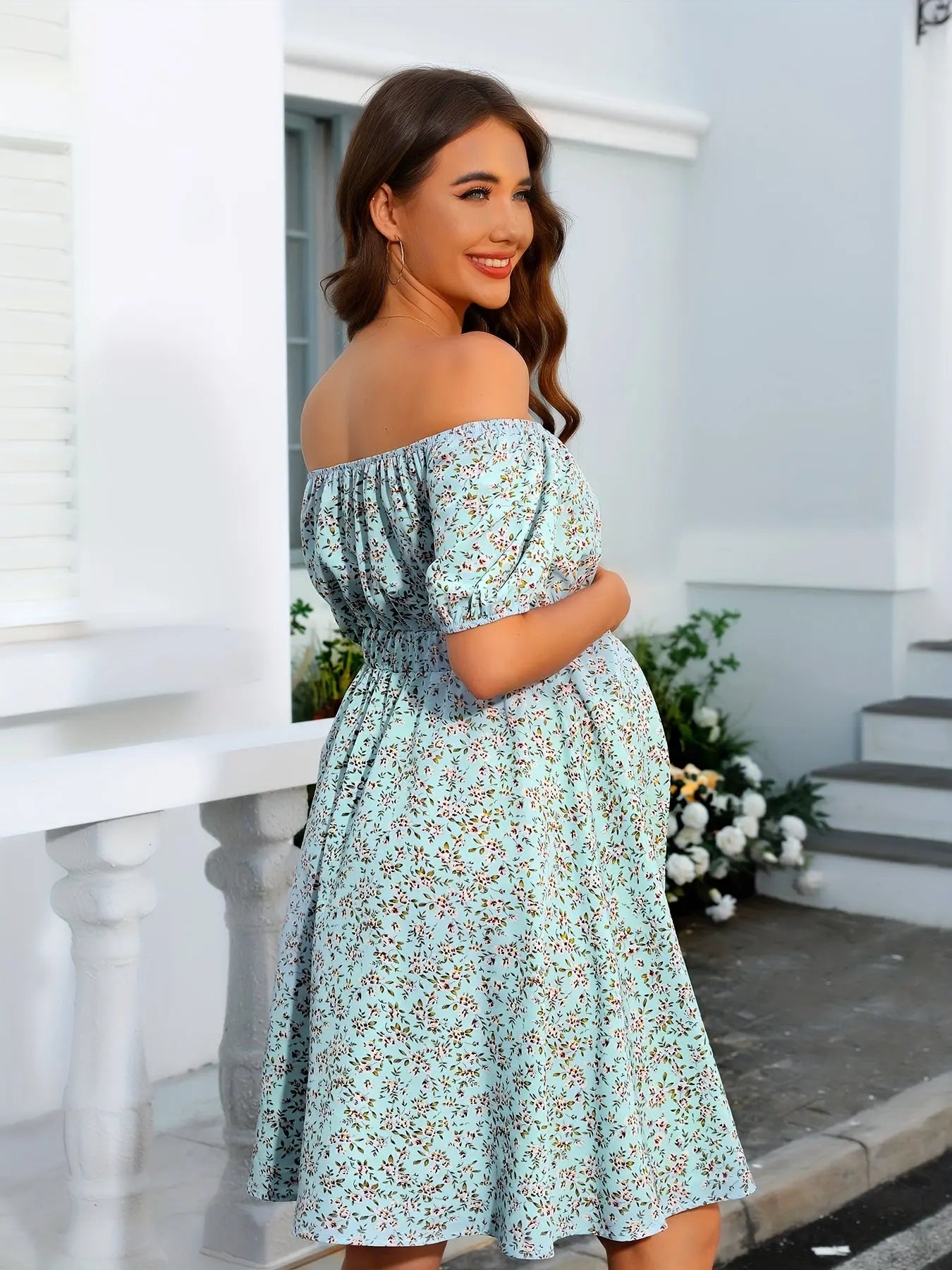 Women's Maternity Flowers Print Off Shoulder Dress For Summer, Trendy Casual Midi Dress, Gender Reveal MyFave Boutique