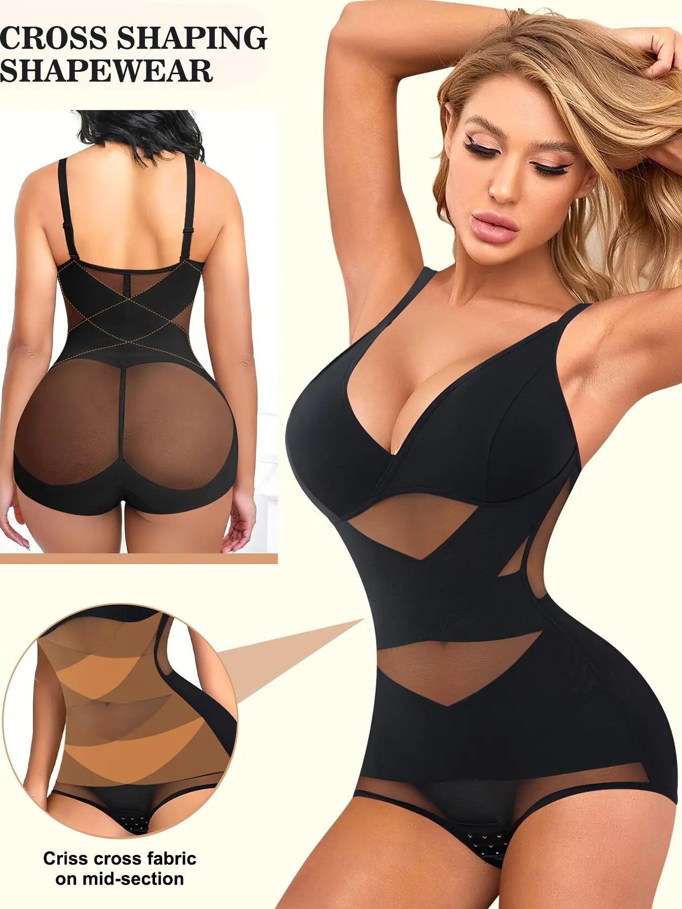 Women's Shapewear Bodysuit: V-Neck, Adjustable Straps, Tummy Control, Waist Trainer, Seamless, Crotch Hooks MyFave Boutique