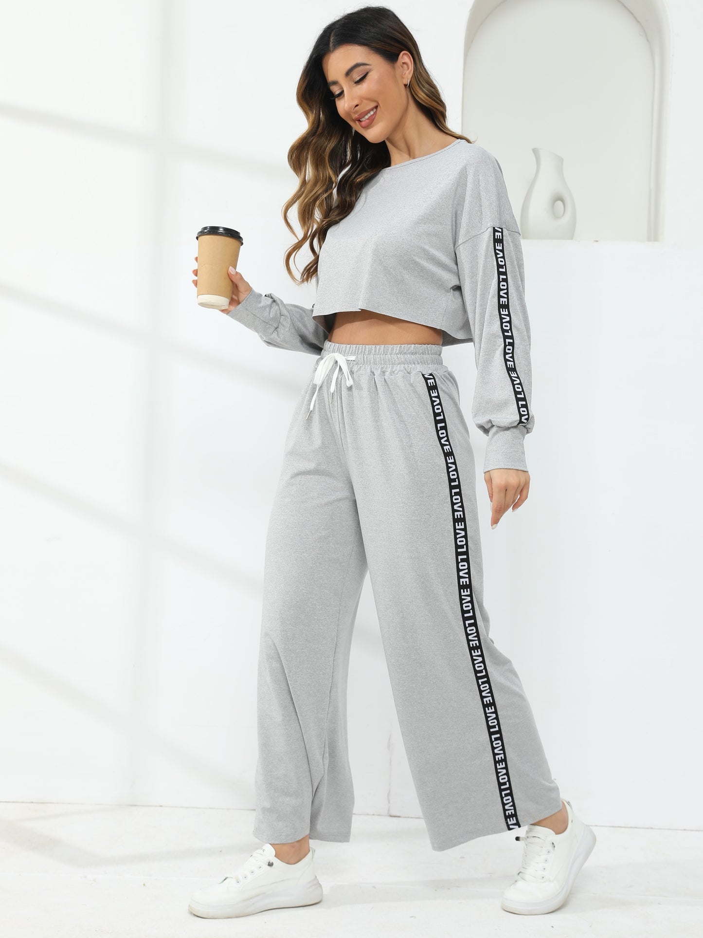 2pcs Casual Sports Set, Letter Tape Pattern Round Neck Sweatshirt & Loose High Waist Sweatpants Suit, Women's Activewear MyFave Boutique