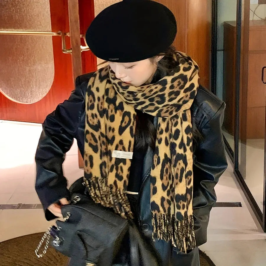 Chic Vintage Leopard Print Tassel Scarf for Women - Thick, Warm & Windproof Shawl for Fall/Winter, Fashionable Y2K-Inspired Design MyFave Boutique