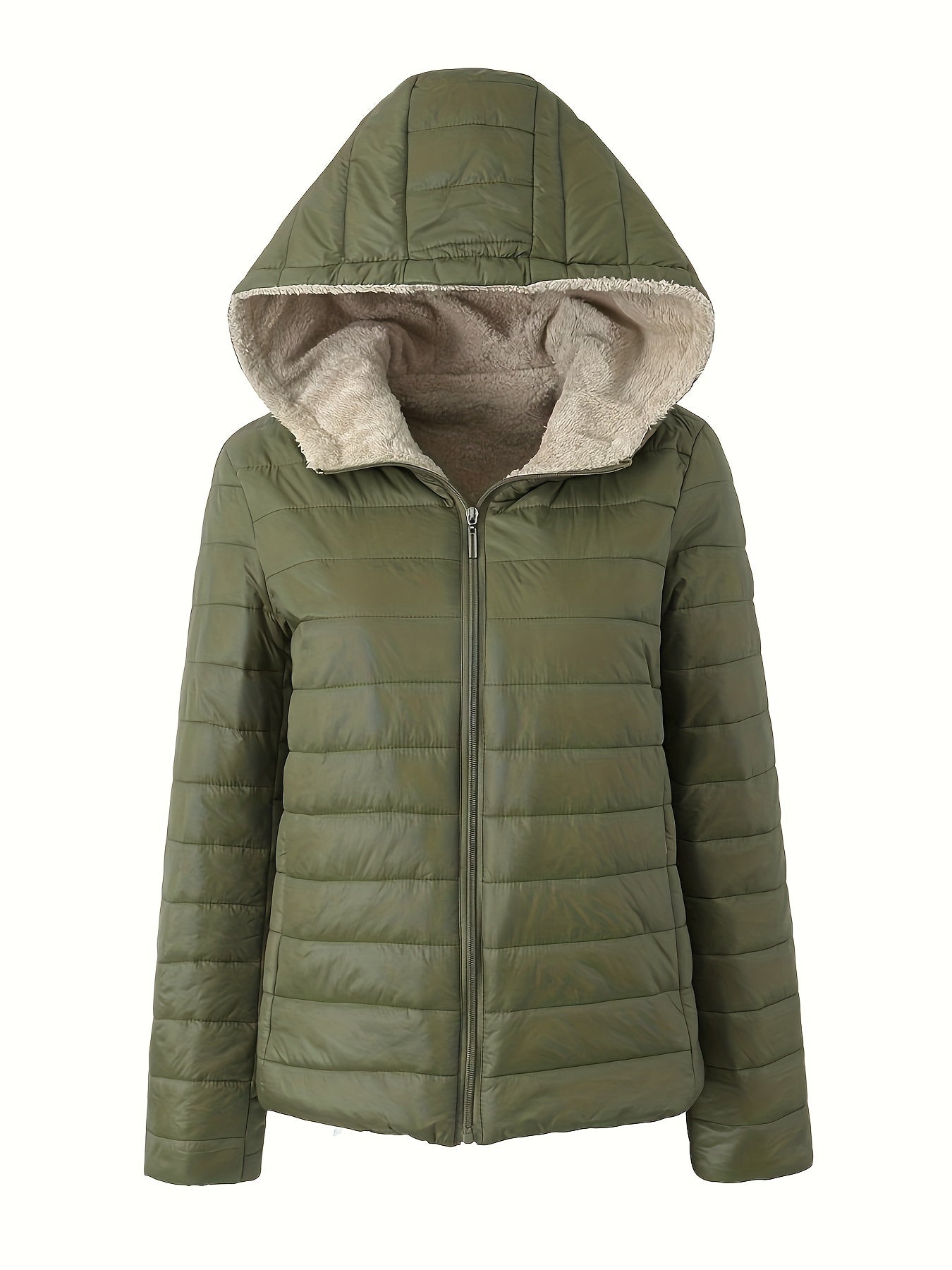 Quilted Fleece Lined Zip-up Hooded Fluffy Jacket Coat, Casual Long Sleeve Warm Outerwear For Winter, Women's Clothing MyFave Boutique