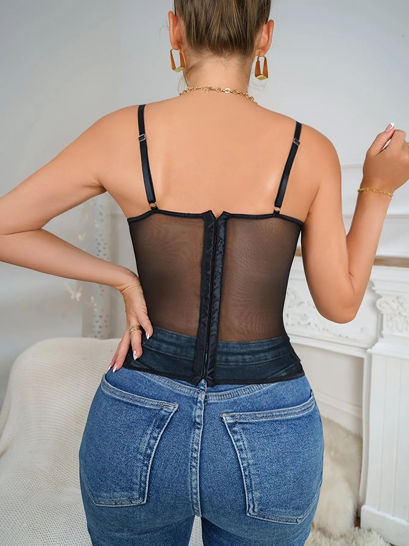 Women's Sexy Lace Bustier Top with Sheer Mesh Waist Cincher - Sleeveless Spaghetti Strap Cami Innerwear, Adjustable Back Hooks (European and American Style) MyFave Boutique