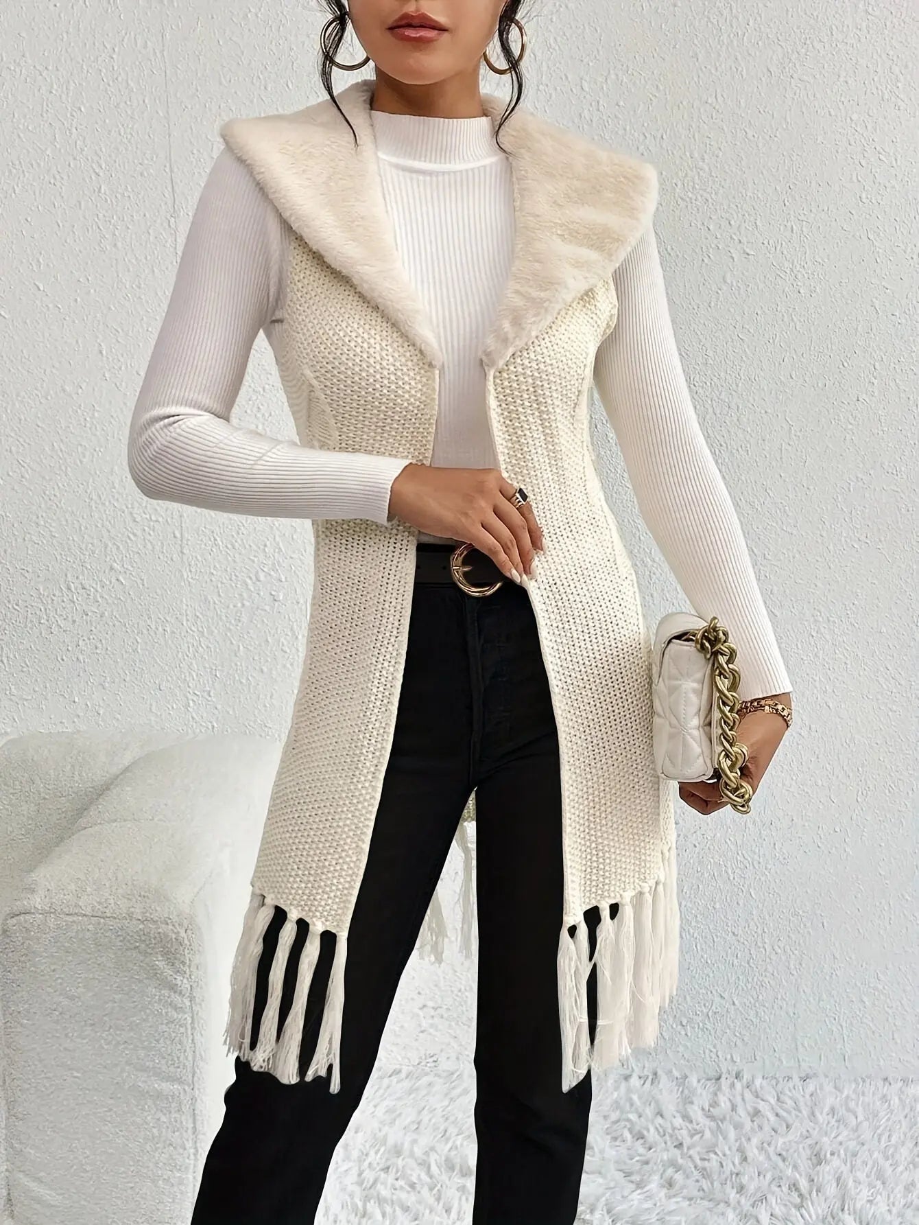 Tassel Hem Open Front Cardigan, Elegant Sleeveless Slim-Fit Faux Fur Lapel Neck Knee Length Cardigan For Fall & Winter, Women's Clothing MyFave Boutique